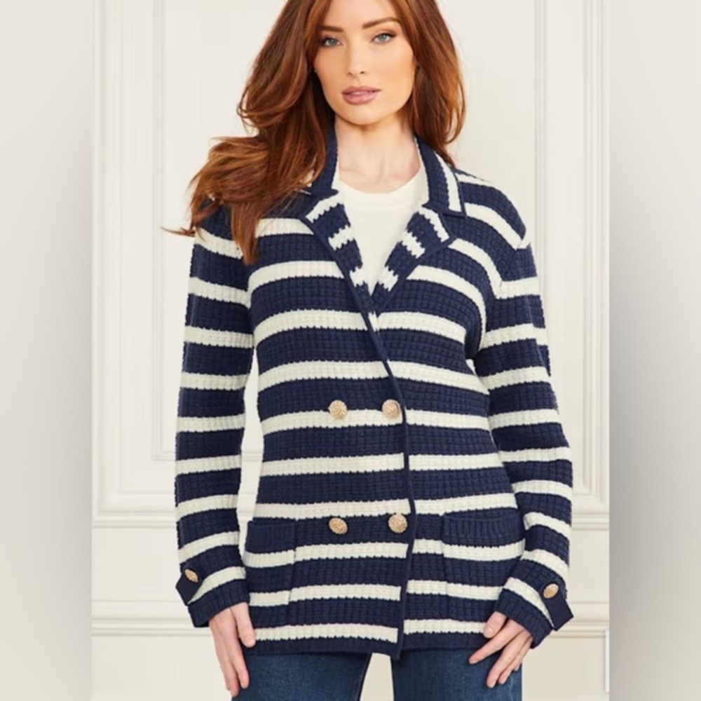 Marciano Gaia Navy Dark Blue & White Stripe Sweater Waffle Jacket Size Medium